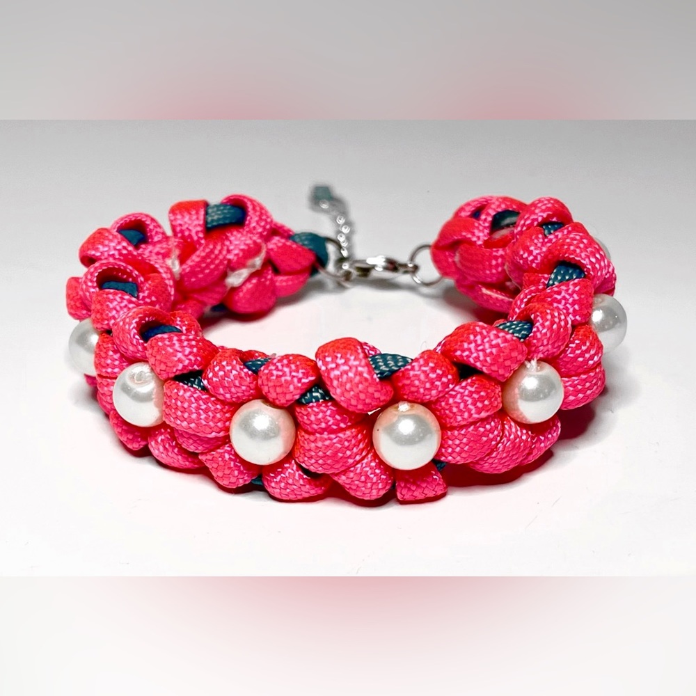 Handmade Parachute Cord Bracelet Floral Design Pink Green Accented with Pearls